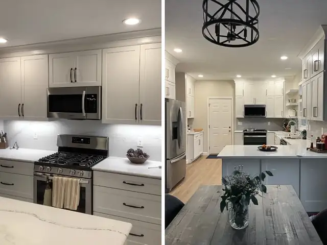Elkhart kitchen remodel with white cabinets, stainless appliances, quartz counters and a gray island