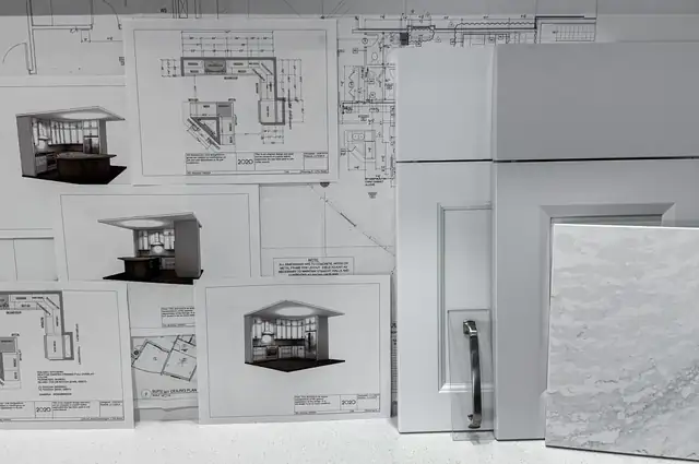Kitchen design drawings and 3D renderings laid beside cabinet door and countertop samples